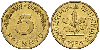 ФРГ 5 пфеннигов 1984 D KM 107, J.382 сталь плакированная латунью 4115-1228