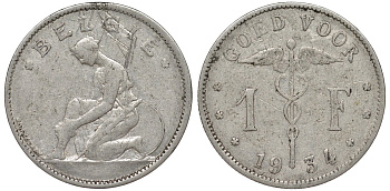 Бельгия 1 франк 1934 Belgie KM 90 никель 51-1845
