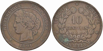 ФРАНЦИЯ 10 САНТИМОВ 1891 A, ТРЕТЬЯ РЕСПУБЛИКА (1871-1940) KM 815.1, LA FRANC 135.36 бронза 82-632