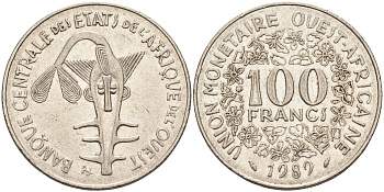 Валютное сообщество стран Западной Африки 100 франков 1989  KM 4 никель 4595-814
