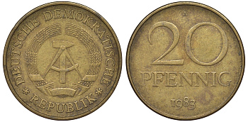 ГДР 20 пфеннигов 1969 А, первый год KM 11 латунь 62-1115