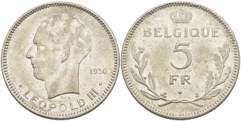 Бельгия 5 франков 1936 Леопольд III (1934-1951), Belgique KM 118 никель 3851-444