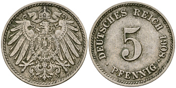 Германия 5 пфеннигов 1908 J KM 11, Jager 12, Weege 6 медно-никель 4364-4544
