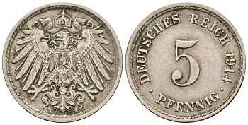 Германия 5 пфеннигов 1914 A, KM 11, J. 12 медно-никель 220-731