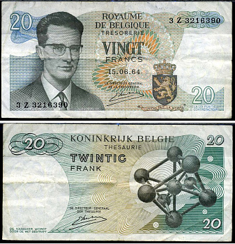 Бельгия 20 франков 1964 Бодуэн I, атомиум, Kestens Pick 138 (3) бумага 7221-14-1-2