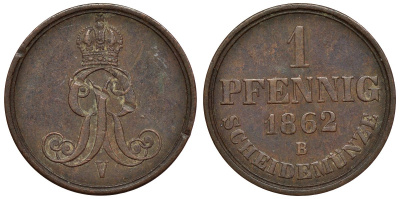 Ганновер 1 пфенниг 1862 B, Георг V KM 233, AKS 156, J. 90 медь 4594-552