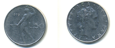 ИТАЛИЯ 50 ЛИР 1979 R, КУЗНЕЦ KM 95.1 нержавеющая сталь 89-716