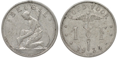 Бельгия 1 франк 1934 Belgie KM 90 никель 51-1845