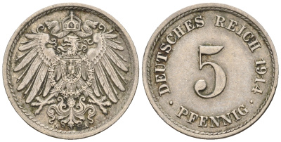 Германия 5 пфеннигов 1914 A, KM 11, J. 12 медно-никель 220-731