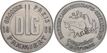 Германия медаль 1968 аудиторское общество по качеству, премирует главным призом DLG, диаметр 61 мм.  белый металл    1069-5-42