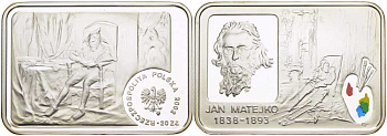 Польша 20 злотых 2002 MW, Польские художники XIX-XX вв. Ян Матейко, портрет шута в кресле, цветная эмаль KM 442 серебро PROOF 3-5-3-45