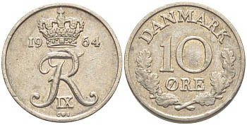 Дания 10 эре 1964 C; S, Фредерик IX (1947-1972) KM 849.1 медно-никель 201-1223