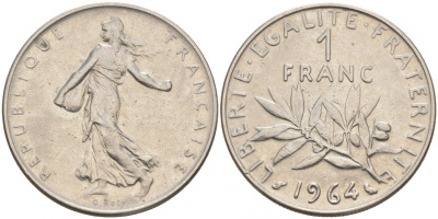 Франция 1 франк 1964 сеятель KM 925.1, Le Franc 226.8 никель 186-332