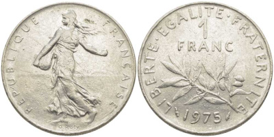 ФРАНЦИЯ 1 ФРАНК 1975 СЕЯТЕЛЬ KM 925.1, LE FRANC 226.20 никель 175-532