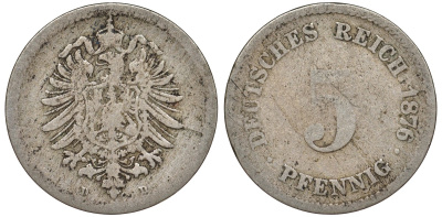Германия 5 пфеннигов 1876 D, старогербовка KM 3, J. 3 медно-никель 51-3431