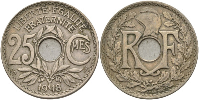 Франция 25 сантимов 1918 KM 867a, Le Franc 171.7 медно-никель 4142-1247