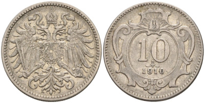 Австрия 10 геллеров 1910 Франц Иосиф I (1848-1916) KM 2802 никель 4585-137