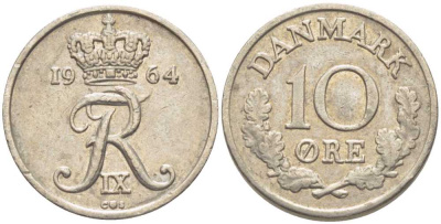 Дания 10 эре 1964 C; S, Фредерик IX (1947-1972) KM 849.1 медно-никель 201-1223