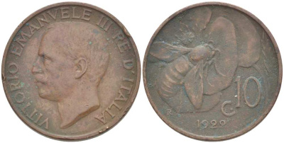 ИТАЛИЯ 10 ЧЕНТЕЗИМО 1922 R, ПЧЕЛА, ВИКТОР ИММАНУИЛ III (1900-1946) KM 60 медь 210-1254