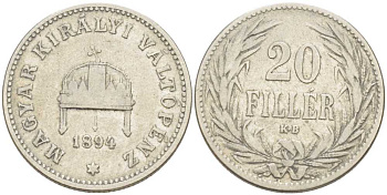 Венгрия 20 филлеров 1894 KB, Франц Иосиф I (1848-1916) KM 483 никель 117-813