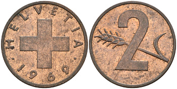 Швейцария 2 раппена 1969 KM 47 бронза 65-411