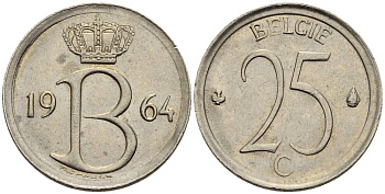 Бельгия 25 сантимов 1964 Belgie, Бодуэн I (1951-1993) KM 154.1 медно-никель 4528-968