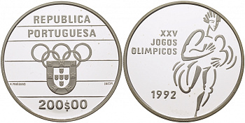 Португалия 200 эскудо 1992 XXV ОЛИМПИЙСКИЕ ИГРЫ, БЕГУН KM 662а серебро PROOF 04-302-15