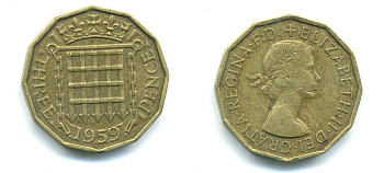 Великобритания 3 пенса 1959 Елизавета II (1952-2022) KM 900, Spink 4153 никель латунь 4383-316