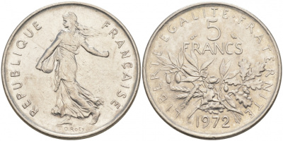 ФРАНЦИЯ 5 ФРАНКОВ 1972 СЕЯТЕЛЬ KM 926a.1, LE FRANC 341.4 медно-никель плакированный никелем 3855-721