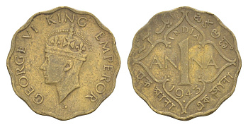 Британская Индия 1 анна 1943 Георг VI (1936-1952) KM 537a никель латунь 4649-339