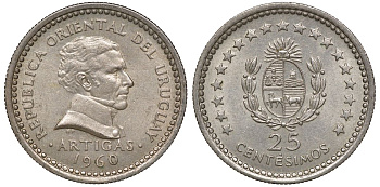 Уругвай 25 сентесимо 1960 KM 40 медно-никель 4169-1035