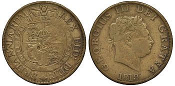 Великобритания 1/2 кроны  1819 Георг III (1760-1820) подделка в ущерб обращения Spink 3789 латунь    1524-535