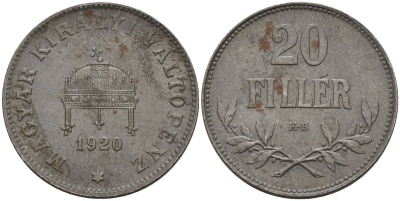 Венгрия 20 филлеров 1920 КВ, Карл I (1916-1918), редкий год KM 498 железо 4151-1035