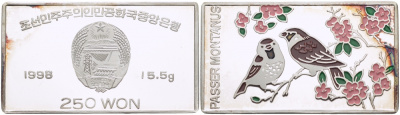 Северная Корея 250 вонов 1998 полевой воробей, цветная эмаль, монета прямоугольной формы, размер 42Х24 мм.,   серебро  PROOF  01-147-23