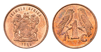 ЮАР 1 цент 1999 герб, капские воробьи KM 170 сталь плакированная медью UNC 4694-136