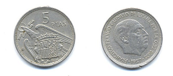 ИСПАНИЯ 5 ПЕСЕТ 1971 KM 786 медно-никель 54-1534