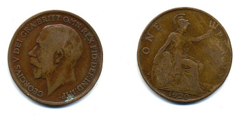 Великобритания 1 пенни 1920 Георг V (1910-1936) КМ 810, Spink 4051 бронза 47-415