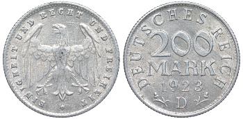 Германия 200 марок 1923 D KM 35, J. 304, Weege 22 алюминий 4604-612