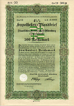 Германия 500 рейхсмарок 1937 Государственное кредитное учреждение Ольденбурга (Государственный банк), ипотечный залог под залог 4-1/2%, облигация   бумага   8802-15-1