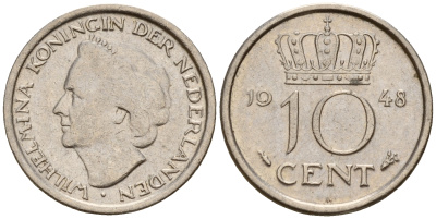 Нидерланды 10 центов 1948 Вильгельмина I (1890-1948) KM 177 никель    4189-162