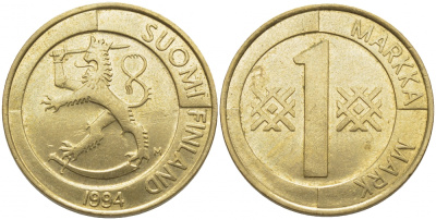 ФИНЛЯНДИЯ 1 МАРКА 1994 M KM 76 алюминиевая бронза 4448-353