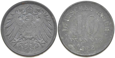 ГЕРМАНИЯ 10 ПФЕННИНГОВ 1922 KM 26, J.299, Weege 8 цинк 202-224