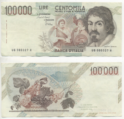 Италия 100000 лир 1983 Караваджо, фруктовый букет, подпись Speziali Pick 110b бумага 7220-32-2