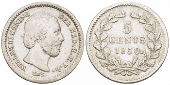 Нидерланды 5 центов 1850 Виллем III (1849-1890), точка после даты KM 91 серебро 3457-1219