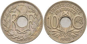 Франция 10 сантимов 1918 тип Линдайё KM 866a, Le Franc 138.3 медно-никель 4116-445