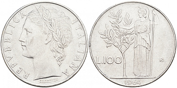 ИТАЛИЯ 100 ЛИР 1964 R, АФИНА KM 96.1 нержавеющая сталь 3855-744