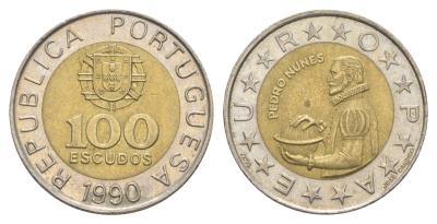 Португалия 100 эскудо 1990 Педру Нуниш (1502-1578), математик KM 645 биметалл 4633-751