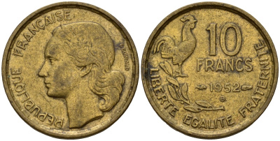 Франция 10 франков 1952 петух KM 915.1, Le Franc 363.4 алюминиевая бронза 4156-717