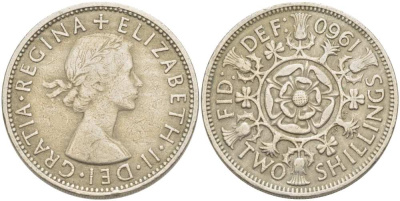 Великобритания 2 шиллинга (флорин) 1960 Елизавета II (1952-2022) KM 906, Spink 4146 медно-никель 215-724