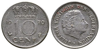 Нидерланды 10 центов 1970 Юлиана (1948-1980) KM 182 никель 4383-432
